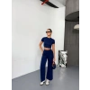 Osy Modal Yumuşak Dokulu Kumaş Kısa Kollu Crop Alt Ispanyol Paça Pantalon Ikili Takım - Lacivert