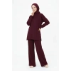 Osy Modal Yumuşak Dokulu Kumaş Modern Tesettür Takım Yandan Metal Çıtçıtlı Uzun Tunik Pantolon Set Salaş Kalıp - Bordo