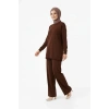 Osy Modal Yumuşak Dokulu Tesettür İkili Takım Yan Yırtmaçlı Uzun Tunik Ve Düz Paça Pantolon, Salaş Kalıp - Kahverengi