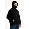 Samuray Ninja Çift Kapşonlu ZIP Fermuarlı Kanguru Çepli Hoodie Maske Detaylı Swetshirt - Siyah