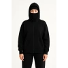 Samuray Ninja Çift Kapşonlu ZIP Fermuarlı Kanguru Çepli Hoodie Maske Detaylı Swetshirt - Siyah