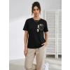 Sevimli Kedi Cep Baskılı Tişört Kısa Kol Yazlık T-Shirt - Siyah