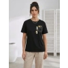 Sevimli Kedi Cep Baskılı Tişört Kısa Kol Yazlık T-Shirt - Siyah