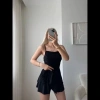 Straplez Mini Etek Görünümlü Şortlu Elbise Büzgülü Şık Yazlık - Siyah