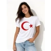 T-Shirt Kısa Kol Bisiklet Yaka Ay Yıldız Bayrak Baskılı Tişört - Beyaz
