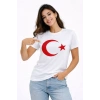 T-Shirt Kısa Kol Bisiklet Yaka Ay Yıldız Bayrak Baskılı Tişört - Beyaz