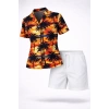 Tropikal Palmiye Desenli Gömlek Şort Takım Yazlık Rahat Kalıp - Desenli