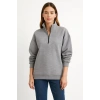 Üç İplik Dık Yaka Yarım Fermuarlı SweatShirt - Gri