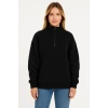 Üç İplik Dık Yaka Yarım Fermuarlı SweatShirt - Siyah