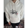 Üç İplik Kapşonlu Baskılı SweatShirt - Beyaz