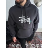 Üç İplik Kapşonlu Baskılı SweatShirt - Füme