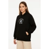 Üç İplik Kapşonlu ön Ve Arka Baskılı SweatShirt Hoodie- Siyah