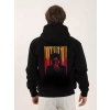 Unisex Baskılı Oversize Üç İplik Kapüşonlu Sweatshirt - Siyah