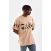 Unisex Bisiklet Yaka Baskılı Oversize T-Shirt - Bej