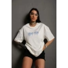 Unisex Bisiklet Yaka Baskılı Oversize T-Shirt - Beyaz