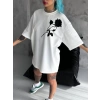 Unisex Bisiklet Yaka Baskılı Oversize T-Shirt - Beyaz