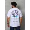 Unisex Bisiklet Yaka Baskılı Oversize T-Shirt - Beyaz