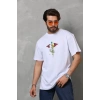 Unisex Bisiklet Yaka Baskılı Oversize T-Shirt - Beyaz