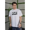 Unisex Bisiklet Yaka Baskılı Oversize T-Shirt - Beyaz