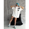 Unisex Bisiklet Yaka Baskılı Oversize T-Shirt - Beyaz