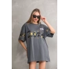 Unisex Bisiklet Yaka Baskılı Oversize T-Shirt - Gri