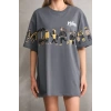 Unisex Bisiklet Yaka Baskılı Oversize T-Shirt - Gri