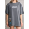Unisex Bisiklet Yaka Baskılı Oversize T-Shirt - Gri