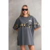 Unisex Bisiklet Yaka Baskılı Oversize T-Shirt - Gri