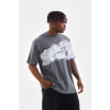 Unisex Bisiklet Yaka Baskılı Oversize T-Shirt - Gri