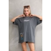 Unisex Bisiklet Yaka Baskılı Oversize T-Shirt - Gri