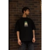 Unisex Bisiklet Yaka Baskılı Oversize T-Shirt - Siyah