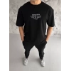 Unisex Bisiklet Yaka Baskılı Oversize T-Shirt - Siyah