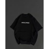 Unisex Bisiklet Yaka Baskılı Oversize T-Shirt - Siyah