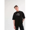 Unisex Bisiklet Yaka Baskılı Oversize T-Shirt - Siyah