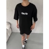 Unisex Bisiklet Yaka Baskılı Oversize T-Shirt - Siyah