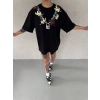 Unisex Bisiklet Yaka Baskılı Oversize T-Shirt - Siyah