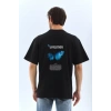 Unisex Bisiklet Yaka Baskılı Oversize T-Shirt - Siyah