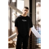 Unisex Bisiklet Yaka Baskılı Oversize T-Shirt - Siyah