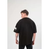 Unisex Bisiklet Yaka Baskılı Oversize T-Shirt - Siyah