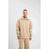 Unisex Double Oversize Patlı Yaka SweatShirt - Bej