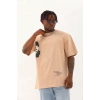 Unisex Oversize Baskılı Bisiklet Yaka T-Shirt - Bej