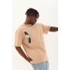 Unisex Oversize Baskılı Bisiklet Yaka T-Shirt - Bej