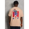 Unisex Oversize Baskılı Bisiklet Yaka T-Shirt - Bej