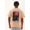 Unisex Oversize Baskılı Bisiklet Yaka T-Shirt - Bej