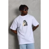 Unisex Oversize Baskılı Bisiklet Yaka T-Shirt - Beyaz