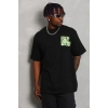 Unisex Oversize Baskılı Bisiklet Yaka T-Shirt - Siyah