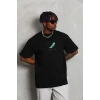 Unisex Oversize Baskılı Bisiklet Yaka T-Shirt - Siyah