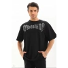 Unisex Oversize Taşlı T-Shirt - Siyah
