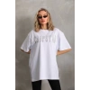 Unisex Taş Desenli Oversize T-Shirt - Beyaz