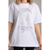Unisex Taş Desenli Oversize T-Shirt - Beyaz